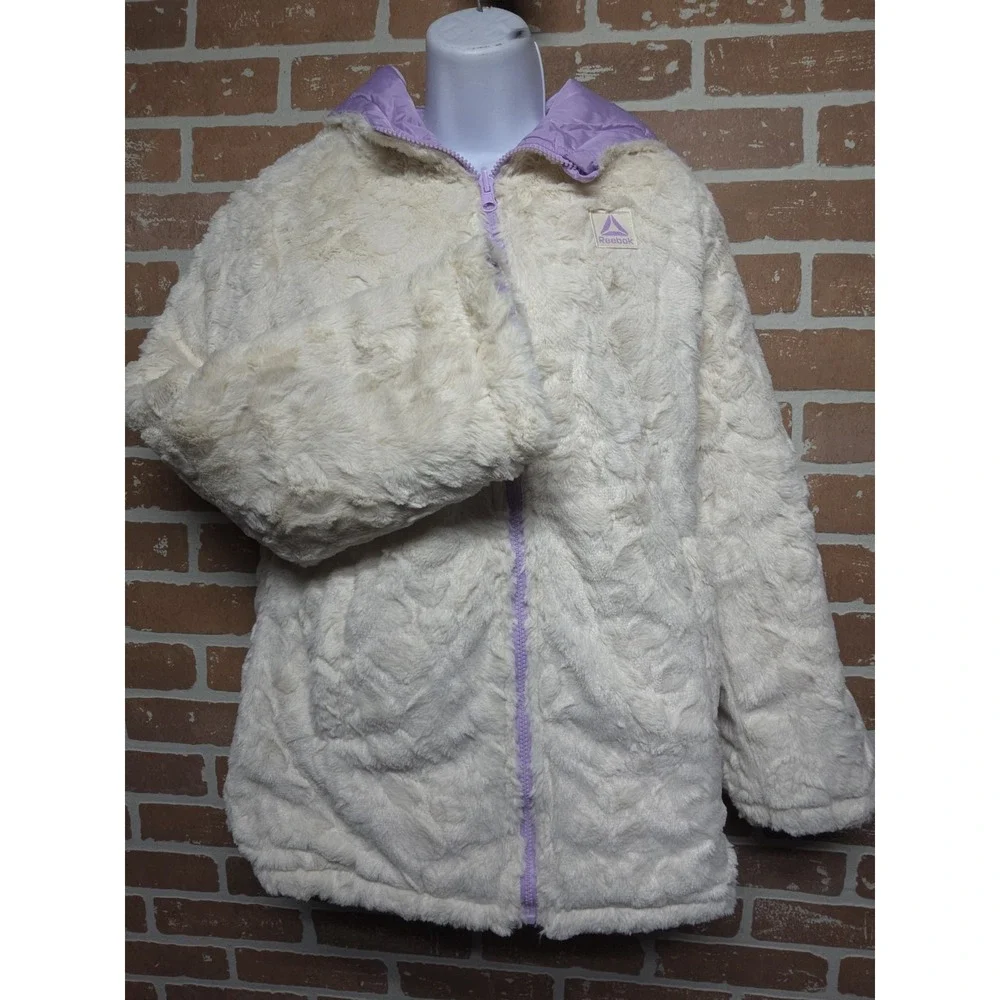 Reebok Reversible Puffer Jacket Girl's Lavender Faux Fur Winter Coat Sz‎ 14/16